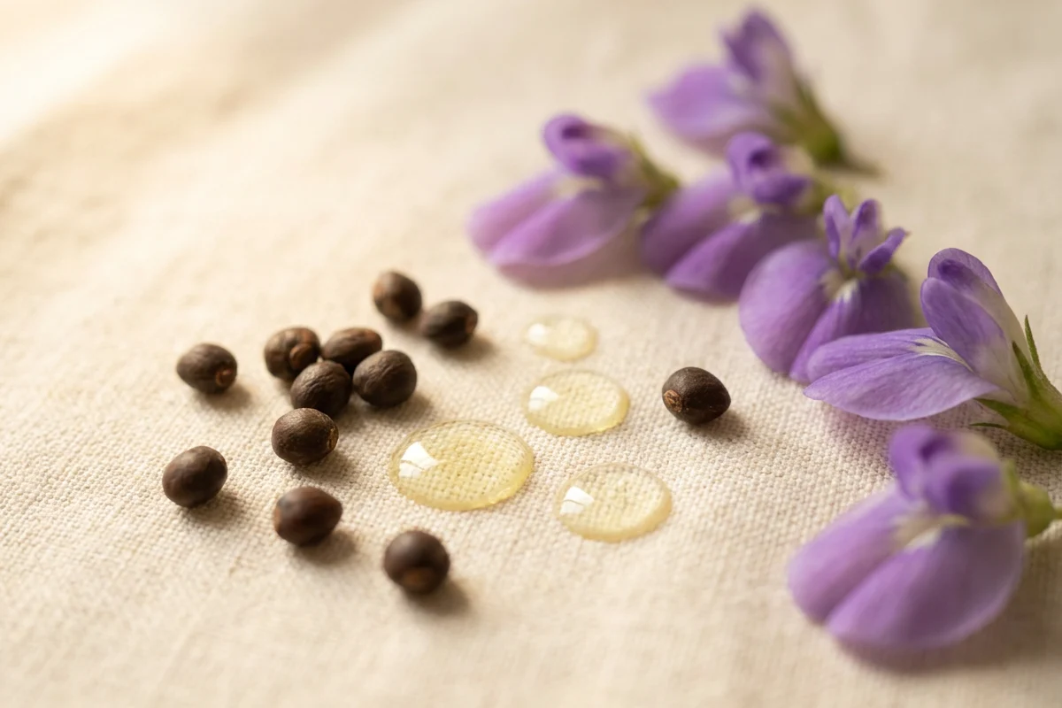 Macro snimak tamnih babchi semenki i sitnih violet cvetova na lanu