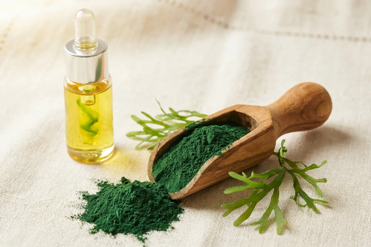 Drvena lopatica sa emerald-zelenim hlorela prahom i pipeta sa maceratom