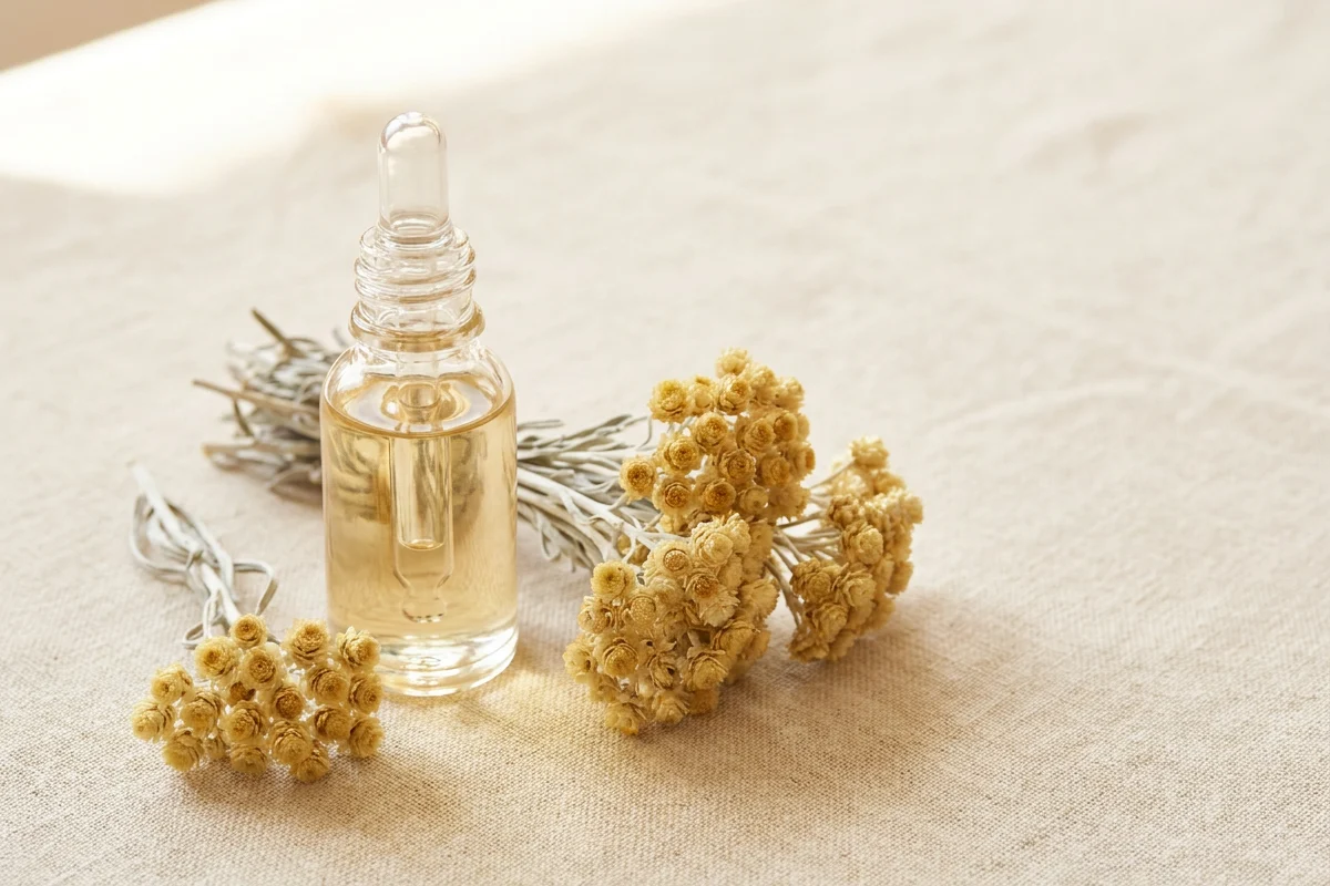 Staklena pipeta sa zlatnim maceratom smilja i bundles Helichrysum italicum