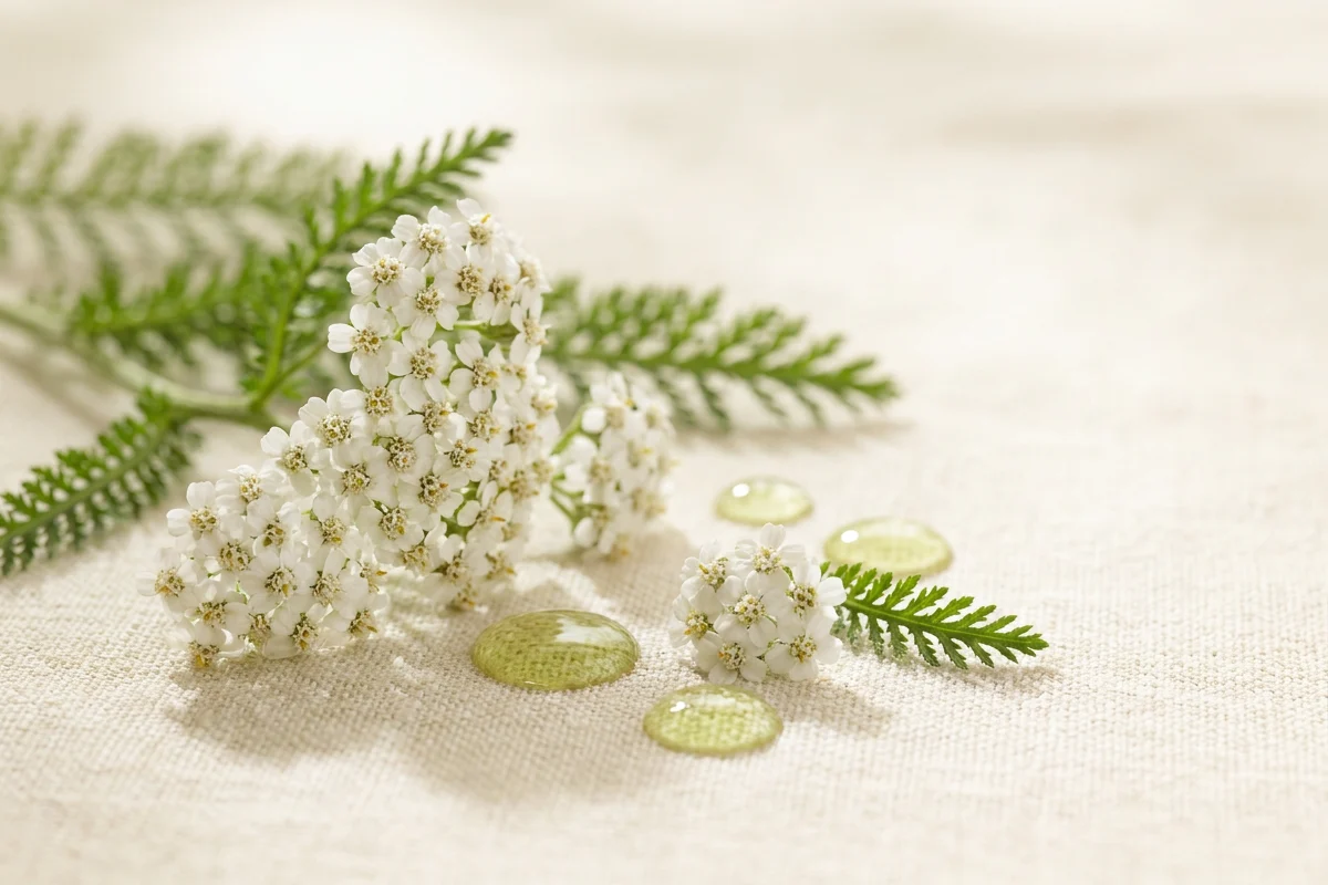 Macro snimak belih cvetova hajdučke trave sa feathery zelenim listovima