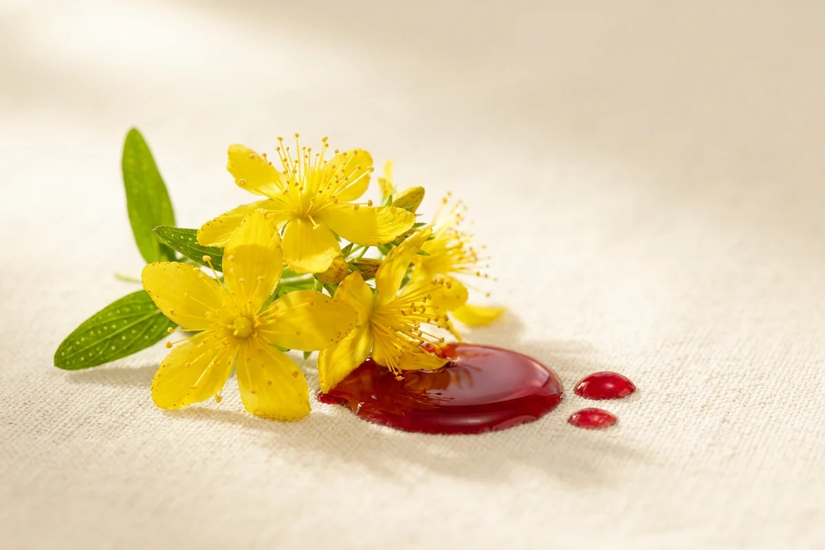 Macro snimak žutih Hypericum cvetova sa kapima ruby ulja