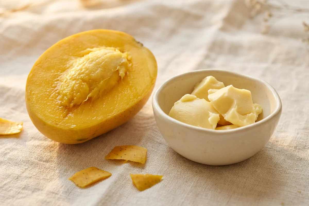 Sveža kriška mango ploda i blok mango putera na lanu