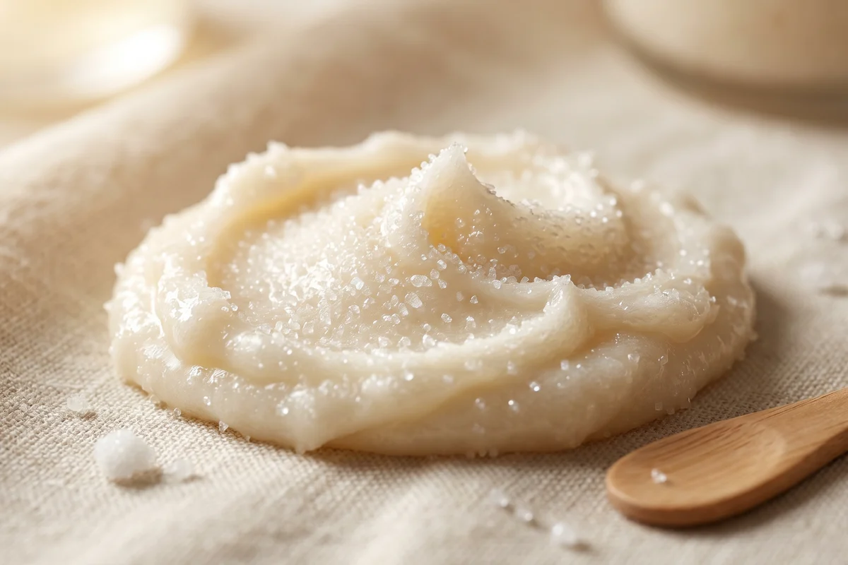 Tekstura Selvée Sugar Scrub-a: ivory uljana baza sa vidljivim belim šećernim kristalima
