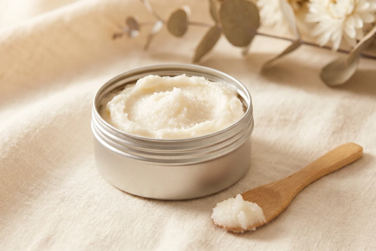 Selv&eacute;e Sugar Scrub u aluminijumskoj teglici, otvorenoj na lanenoj podlozi