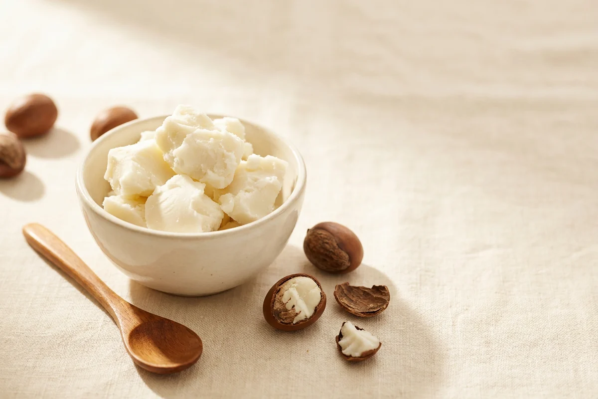 Sirovi shea orasi i creamy shea puter u zdjelici na lanu