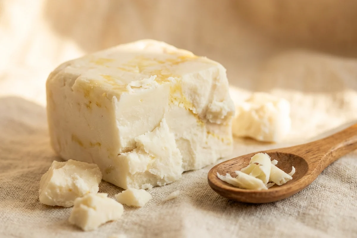 Blok sirovog shea putera sa drvenom kašikom na lanu