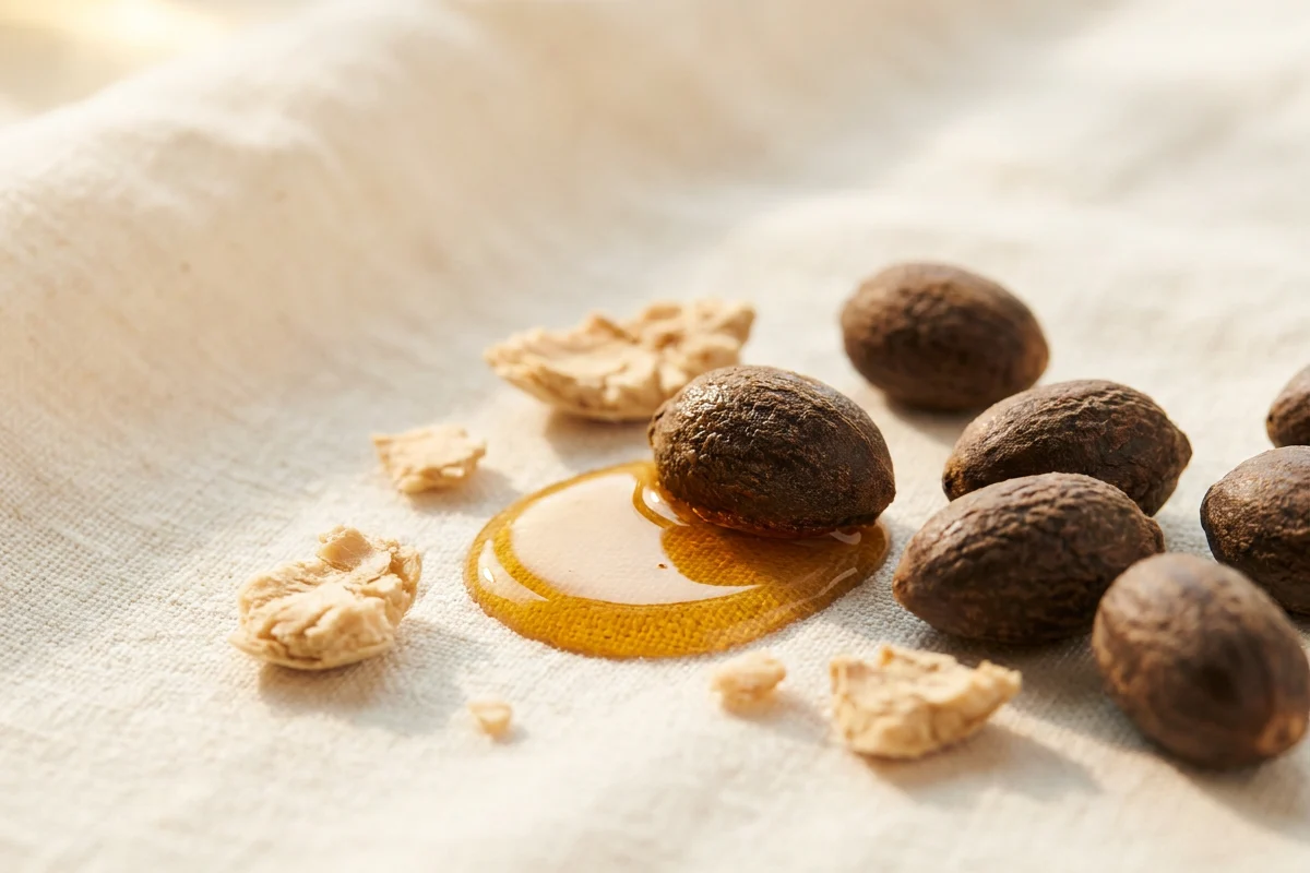 Macro snimak tamnih baobab semenki sa kapima zlatnog ulja