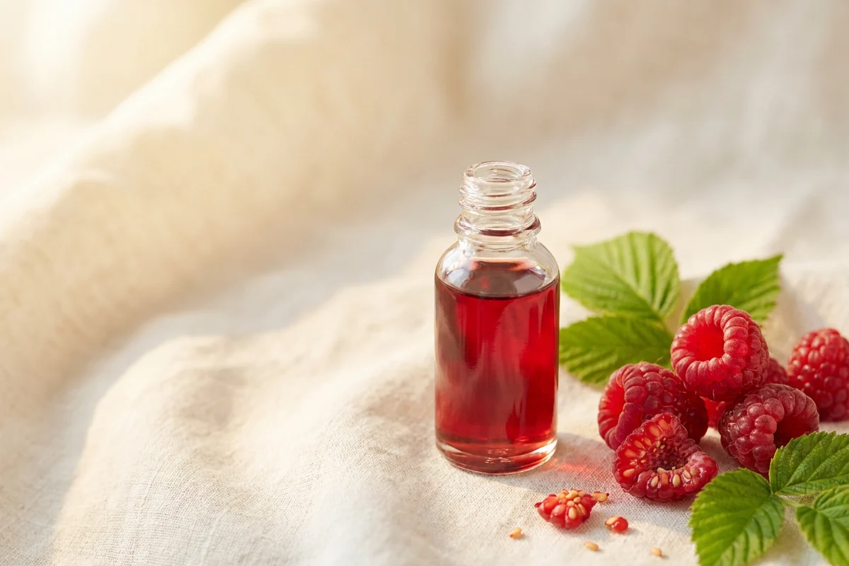 Staklena pipeta sa ruby uljem semenki maline i sveže maline