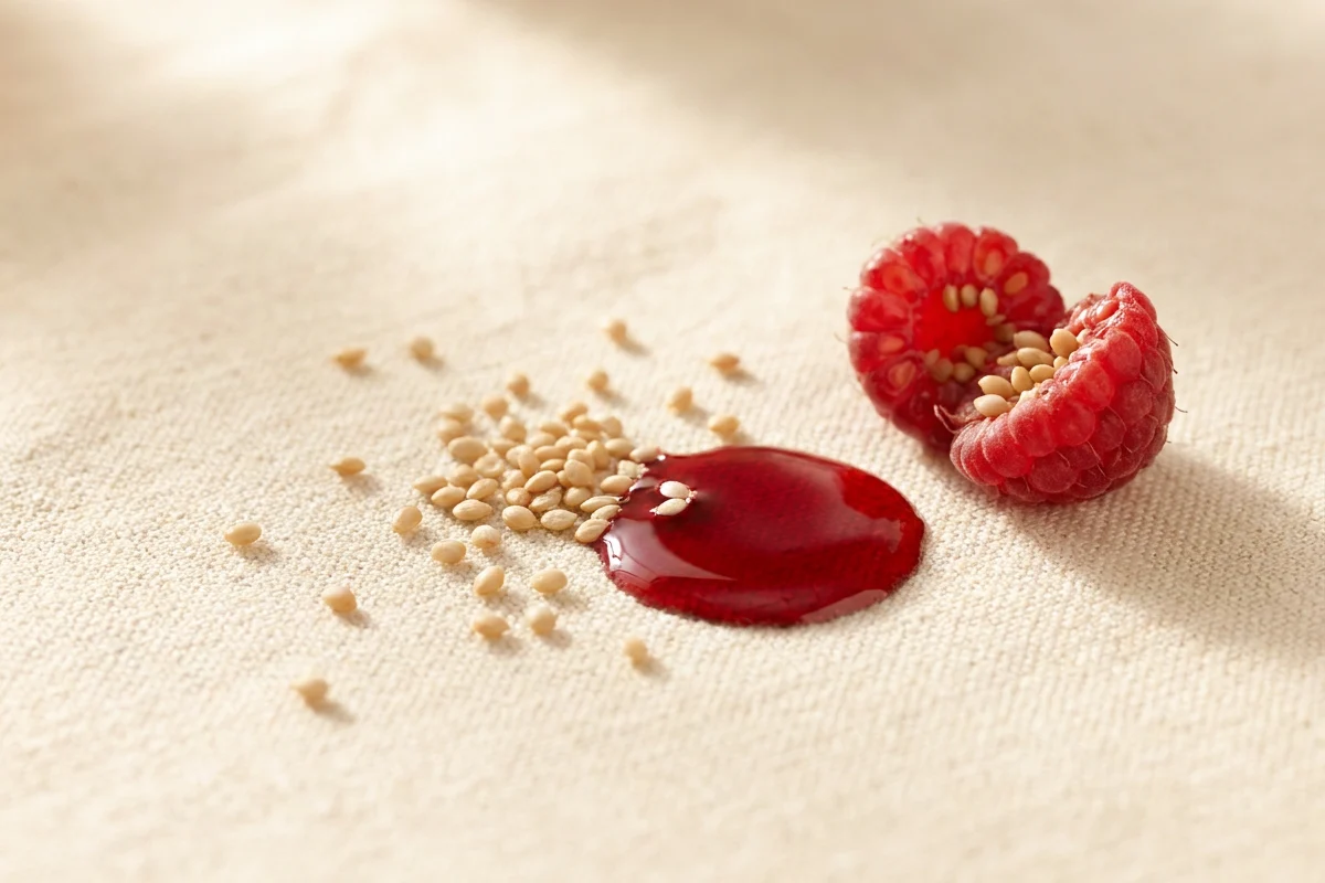 Sitne pale-tan semenke maline i lokva ruby ulja u macro detalju