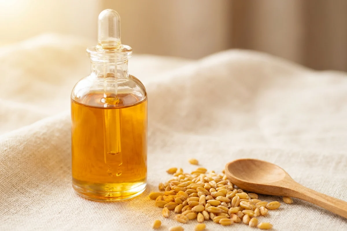 Staklena pipeta sa amber vitamin E uljem i pšenične klice