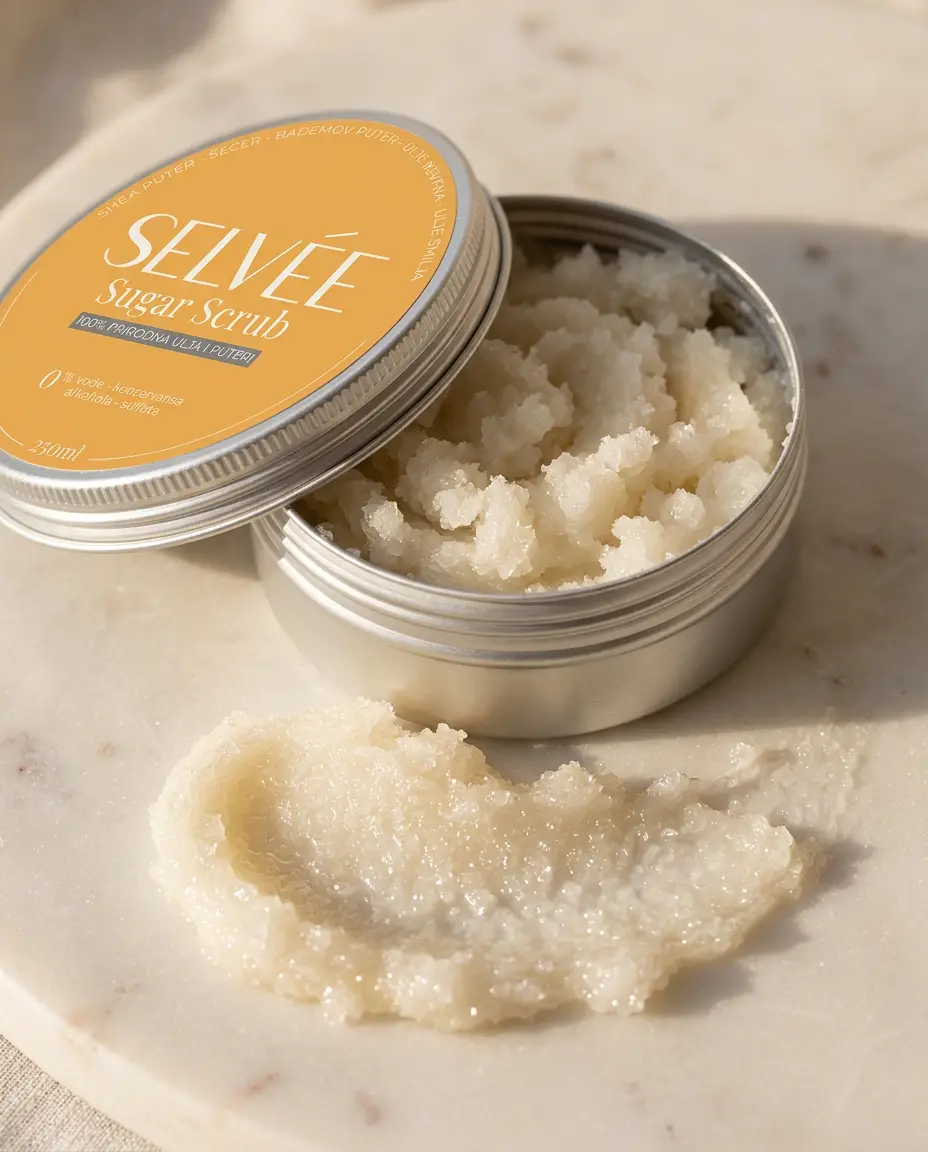 Tekstura Selvée Sugar Scrub-a u aluminijumskoj teglici: fini šećer u uljanoj bazi